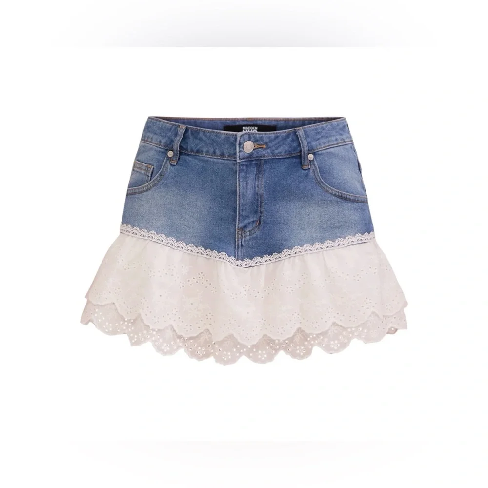Madden NYC Blue Denim Mini Skirt With White Cotton Eyelet Lace Trim - Size S - Picture 3 of 12